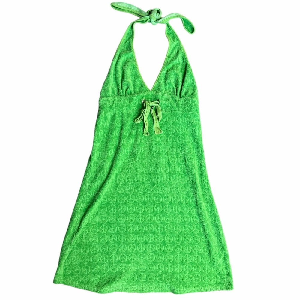 Y2K Green Peace Sign Textured Halter Dress Size Small